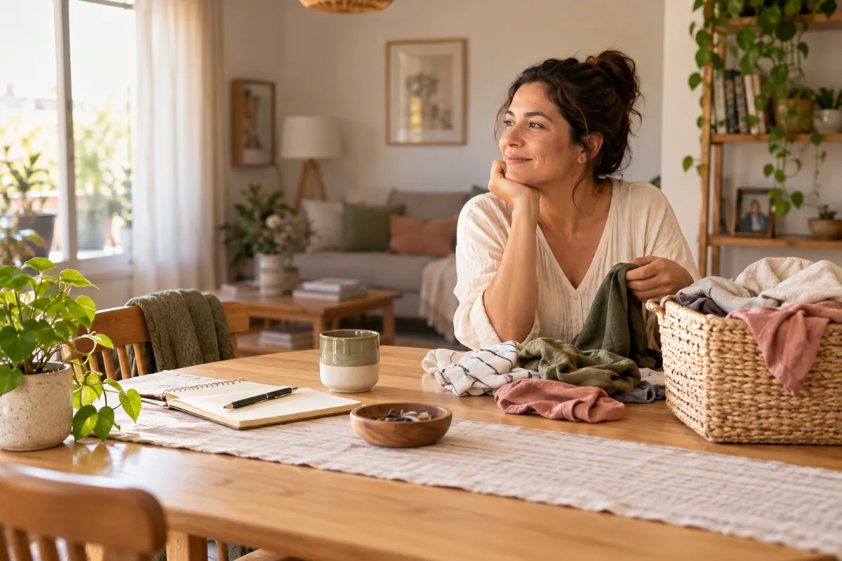 Escena ilustrativa: una mujer hace una pausa junto a una cesta de ropa en un hogar cotidiano.